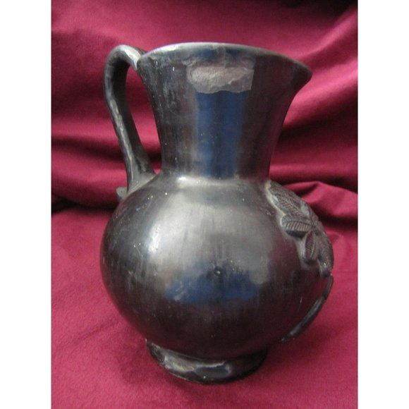 Dona Rosa Oaxaca Mexican Folk Art Flower Pitcher Black Clay Pottery Vase HE1 - Picture 7 of 9